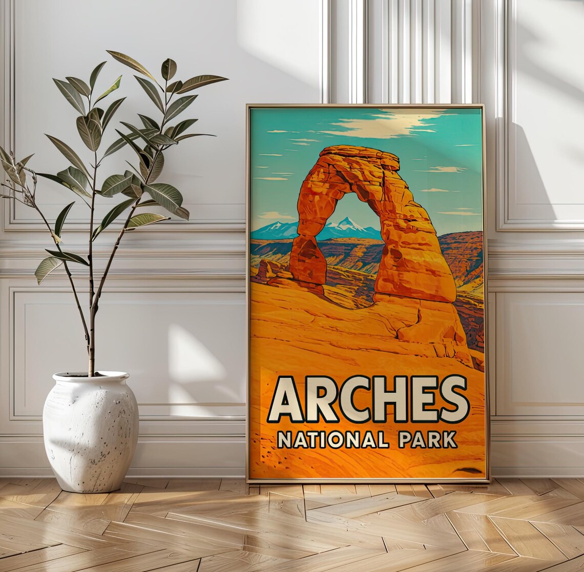 Arches National Park Vintage Travel Poster with Delicate Arch Landscape
