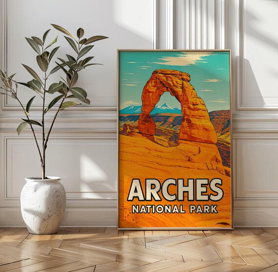 Arches National Park Vintage Travel Poster with Delicate Arch Landscape