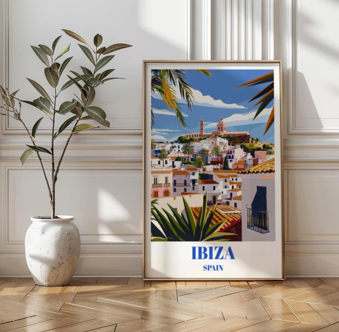 Ibiza Spain Whitewashed Old Town Balearic Vintage Travel Poster