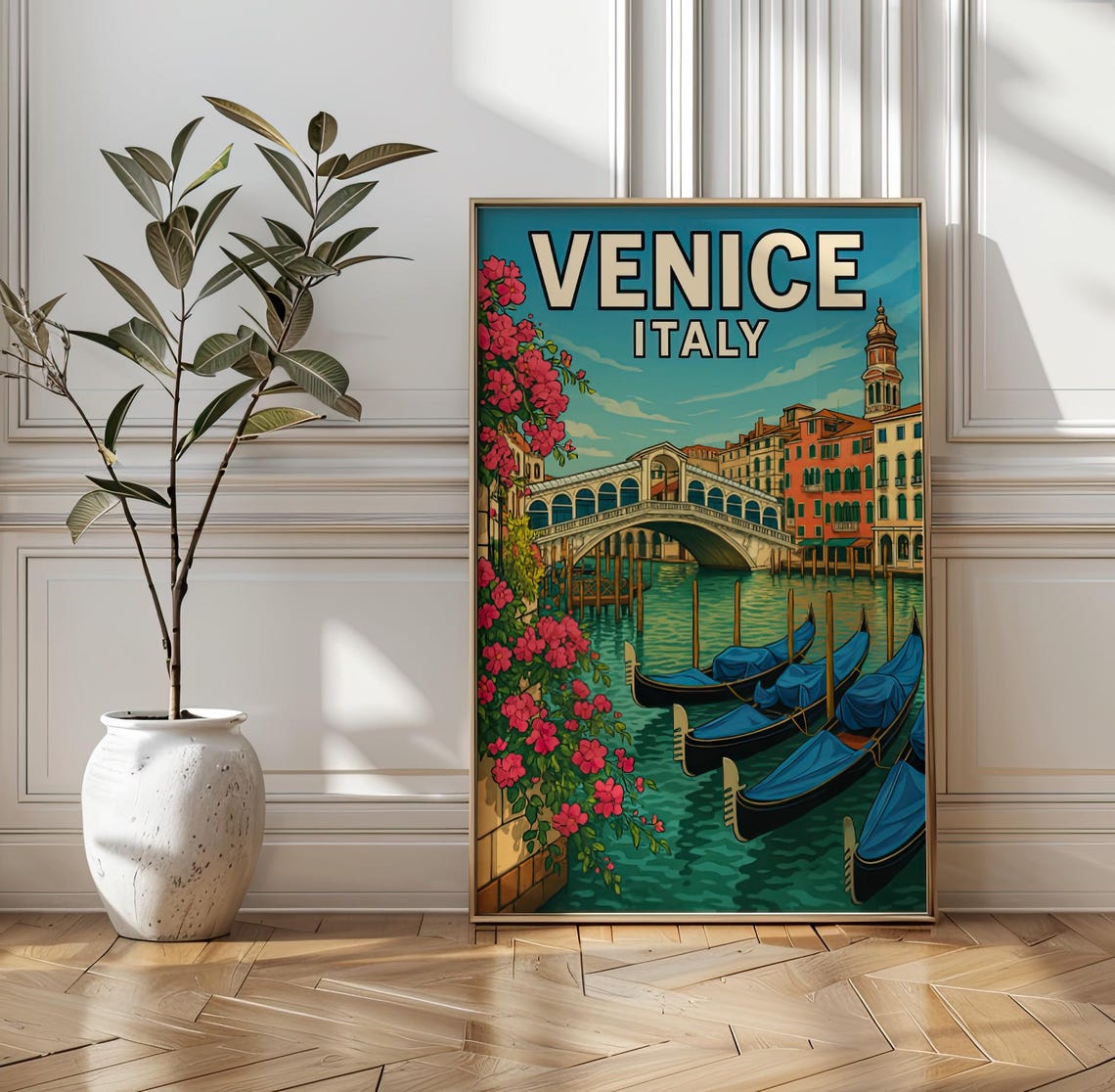 Venice Italy Rialto Bridge Gondolas Canal Retro Travel Poster