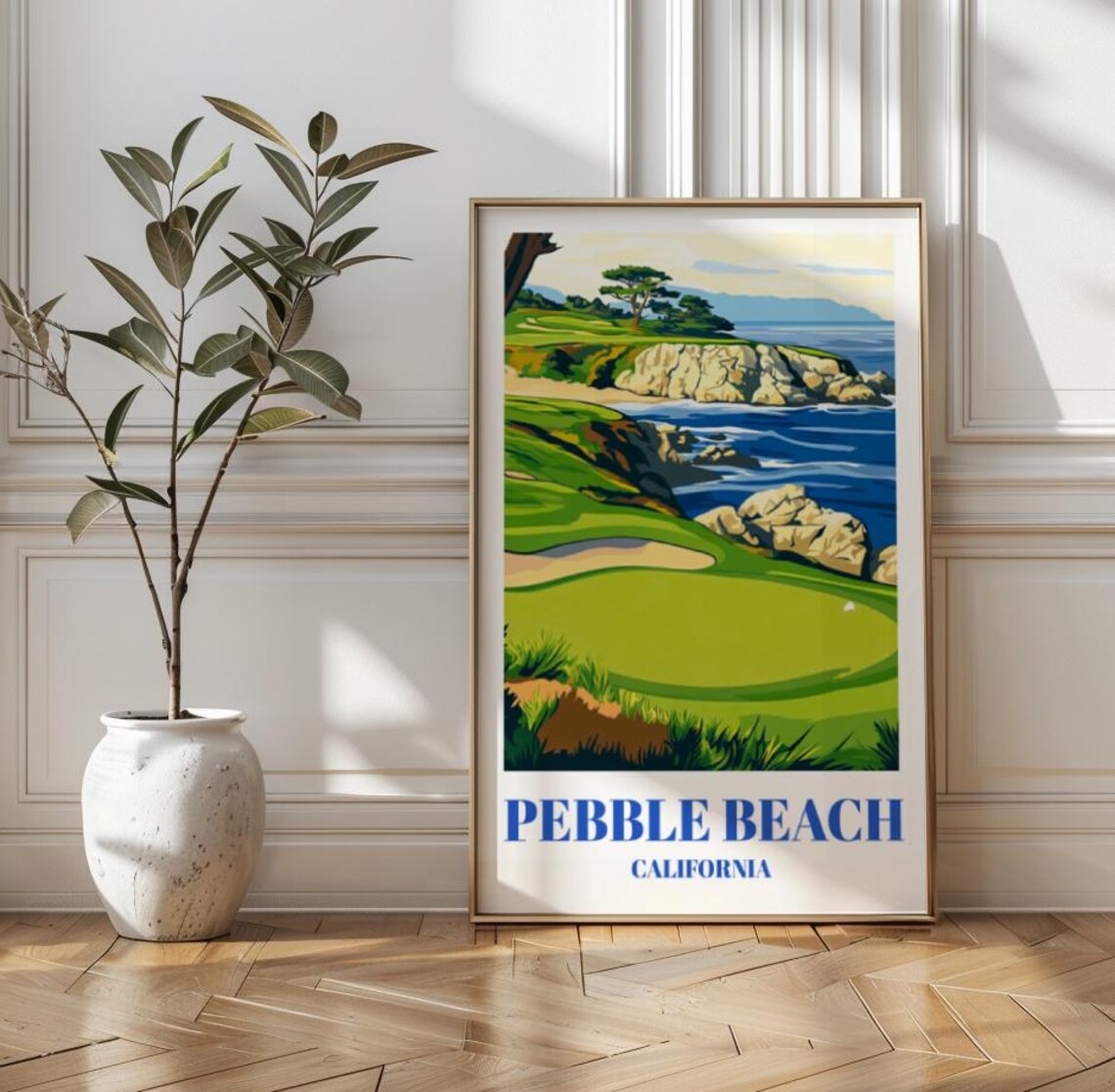Pebble Beach California Golf Course Travel Poster Coastal Ocean Cliff Scene