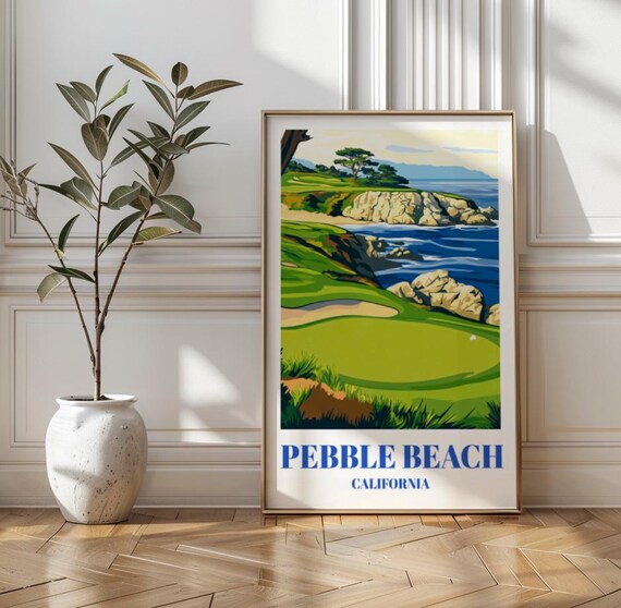Pebble Beach California Golf Course Travel Poster Coastal Ocean Cliff Scene