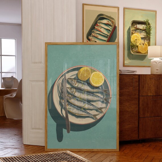 Sardines Lemon Plate Teal Retro Coastal Kitchen Wall Poster Art