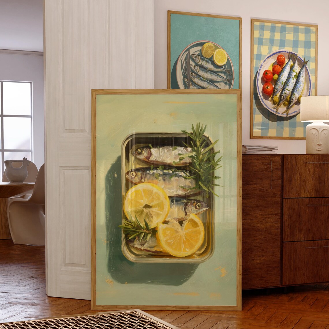 Mediterranean Sardine Lemon Art Print, Rustic Coastal