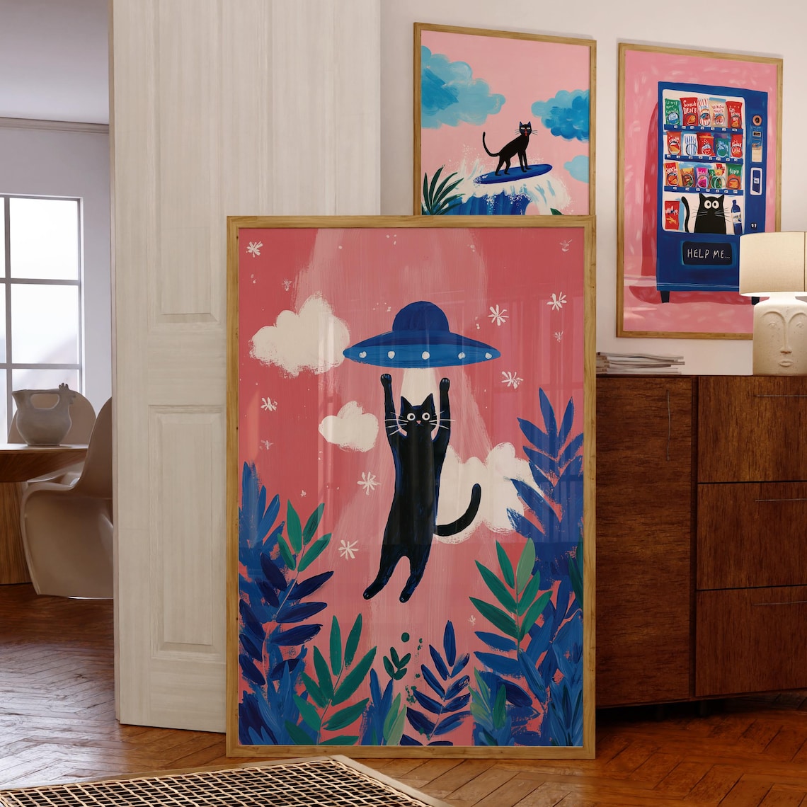 Black Cat UFO Abduction Quirky Pop Art Print