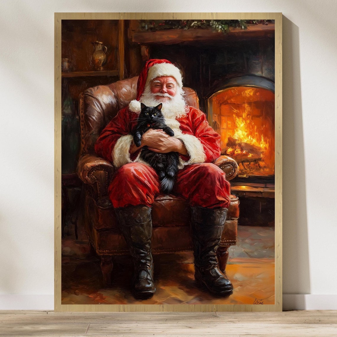 Santa Claus Holding A Black Cat By The Fireplace Cozy Christmas Poster