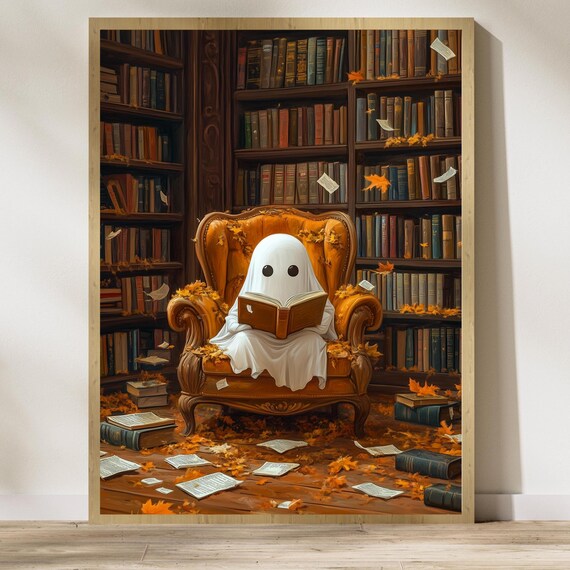Cute Little Ghost Reading a Book in a Cozy Autumn Library Poster