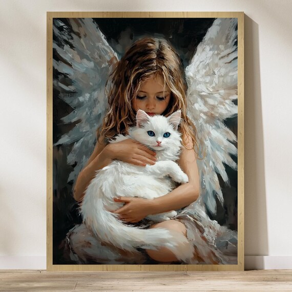 Sweet Angel Girl Cradling A Fluffy White Cat Painting Poster