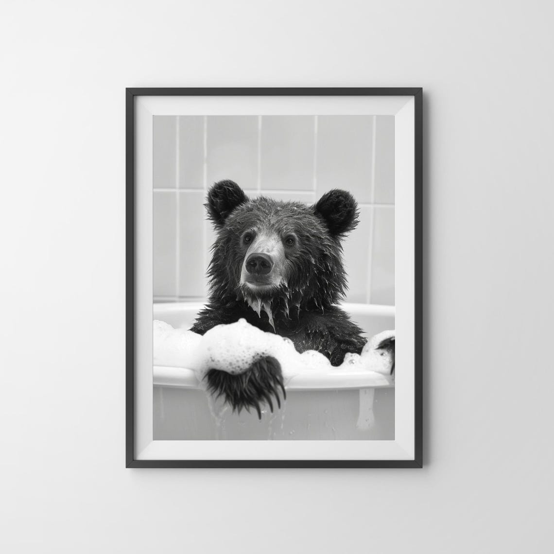 Black Bear Cub Enjoying a Bubble Bath Black and White Funny Poster - Image 3