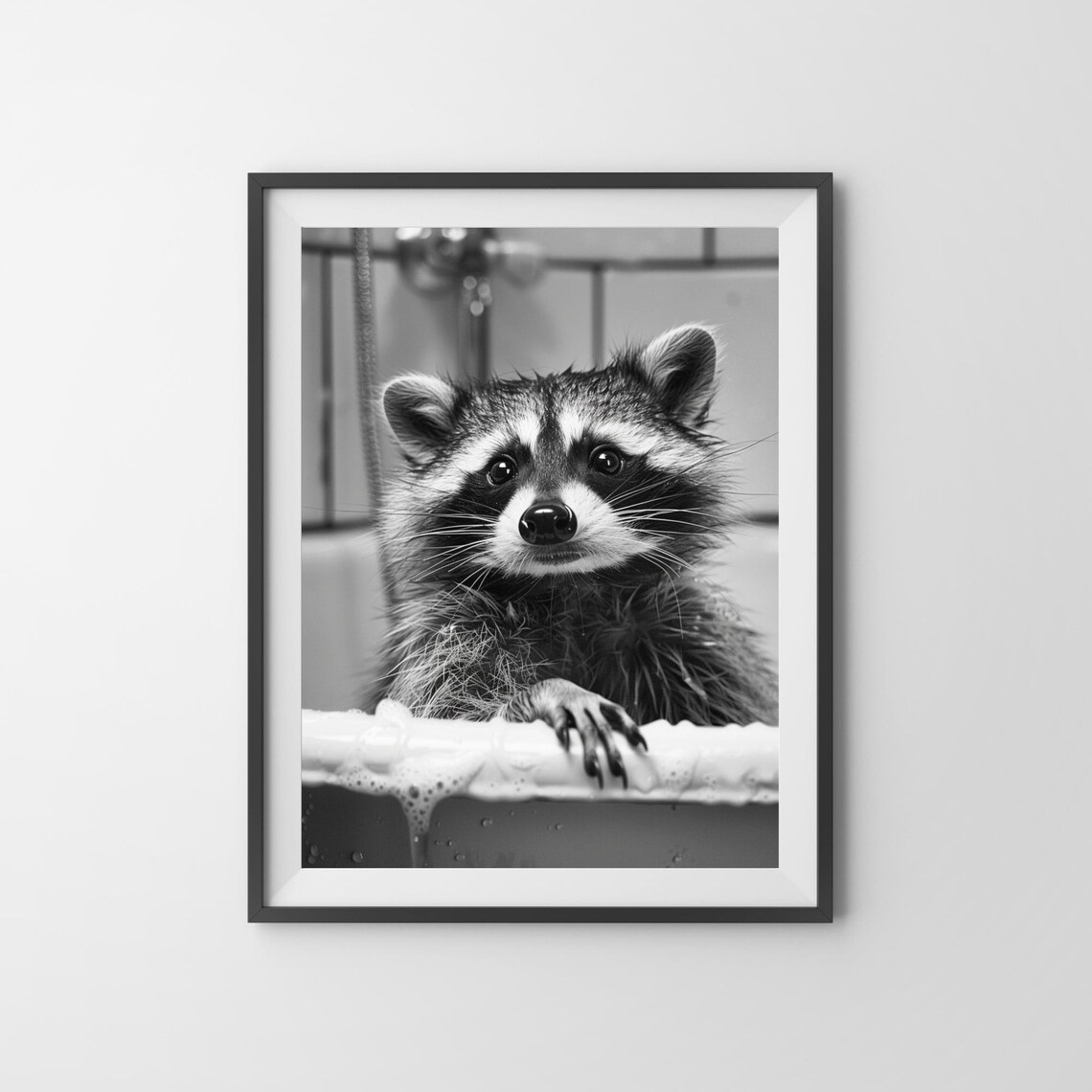 Quirky Raccoon Taking a Bubble Bath in Black and White Poster - Image 3
