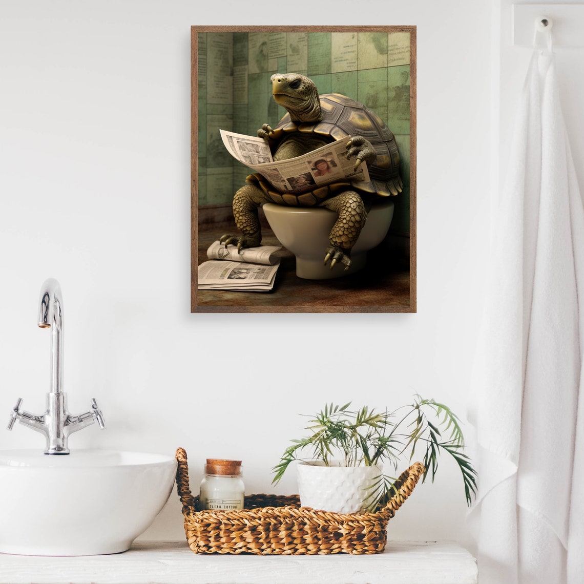 Tortoise Reading Newspaper On The Toilet Funny Bathroom Humor Poster - Image 2