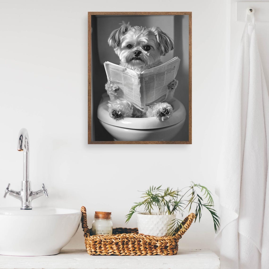 Shih Tzu Reading a Newspaper on the Toilet in Black and White Poster - Image 2