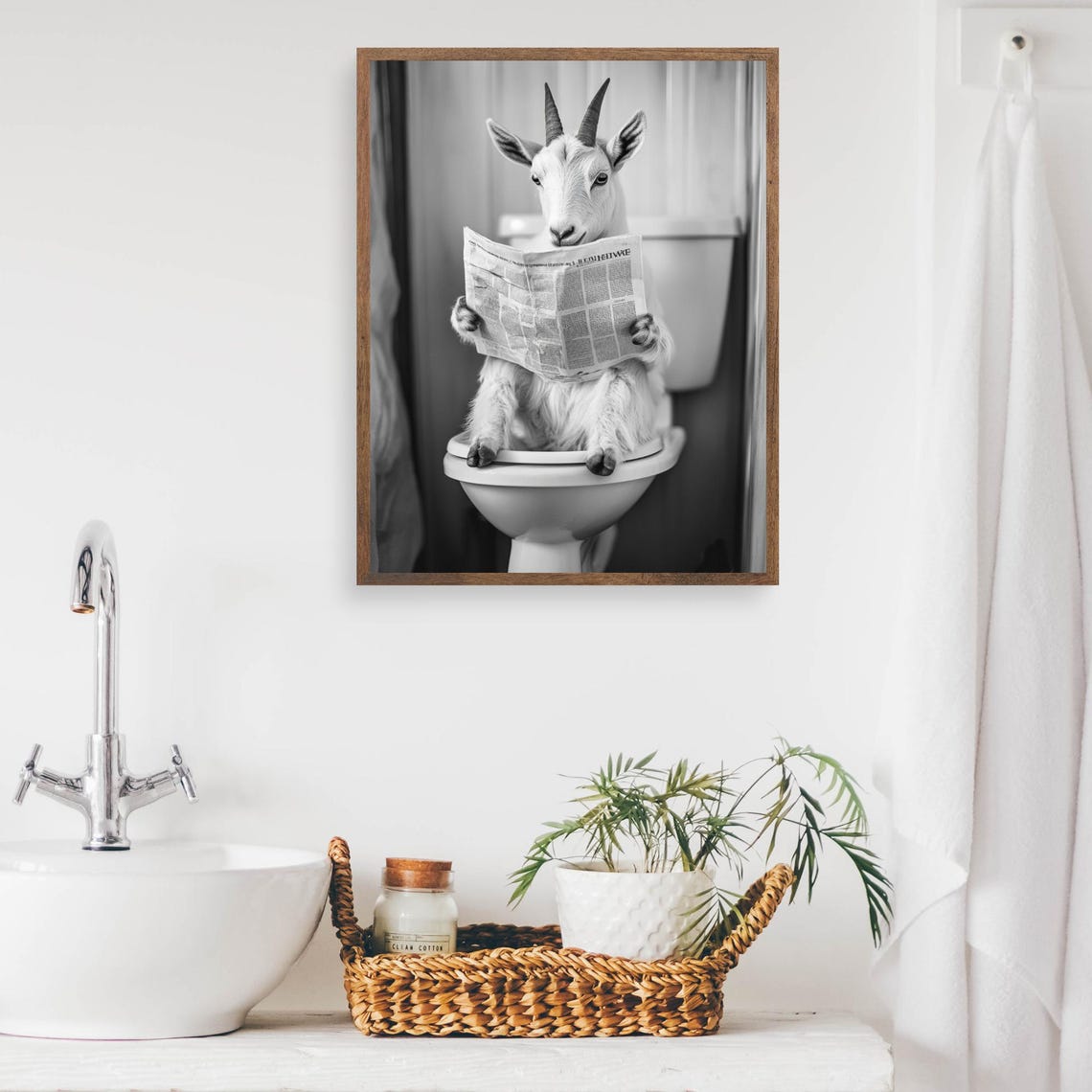 Goat Reading Newspaper On Toilet Funny Black And White Bathroom Poster - Image 2
