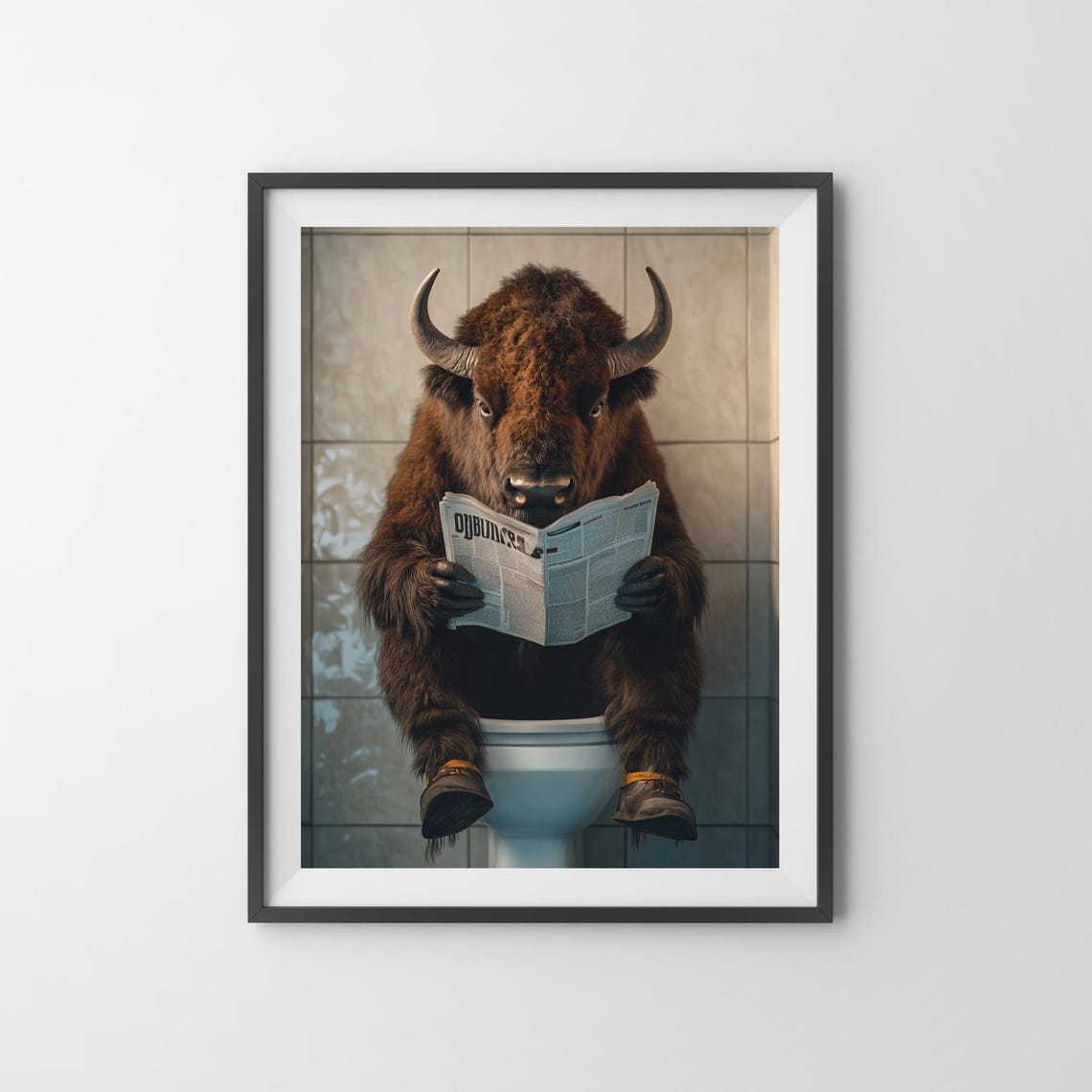 Bison Reading a Newspaper on the Toilet Wearing Boots Funny Poster - Image 3