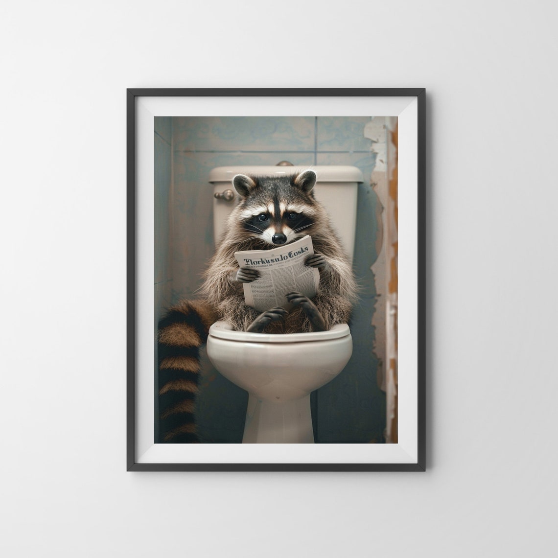 Raccoon on the Toilet Reading Newspaper Funny Bathroom Poster - Image 3