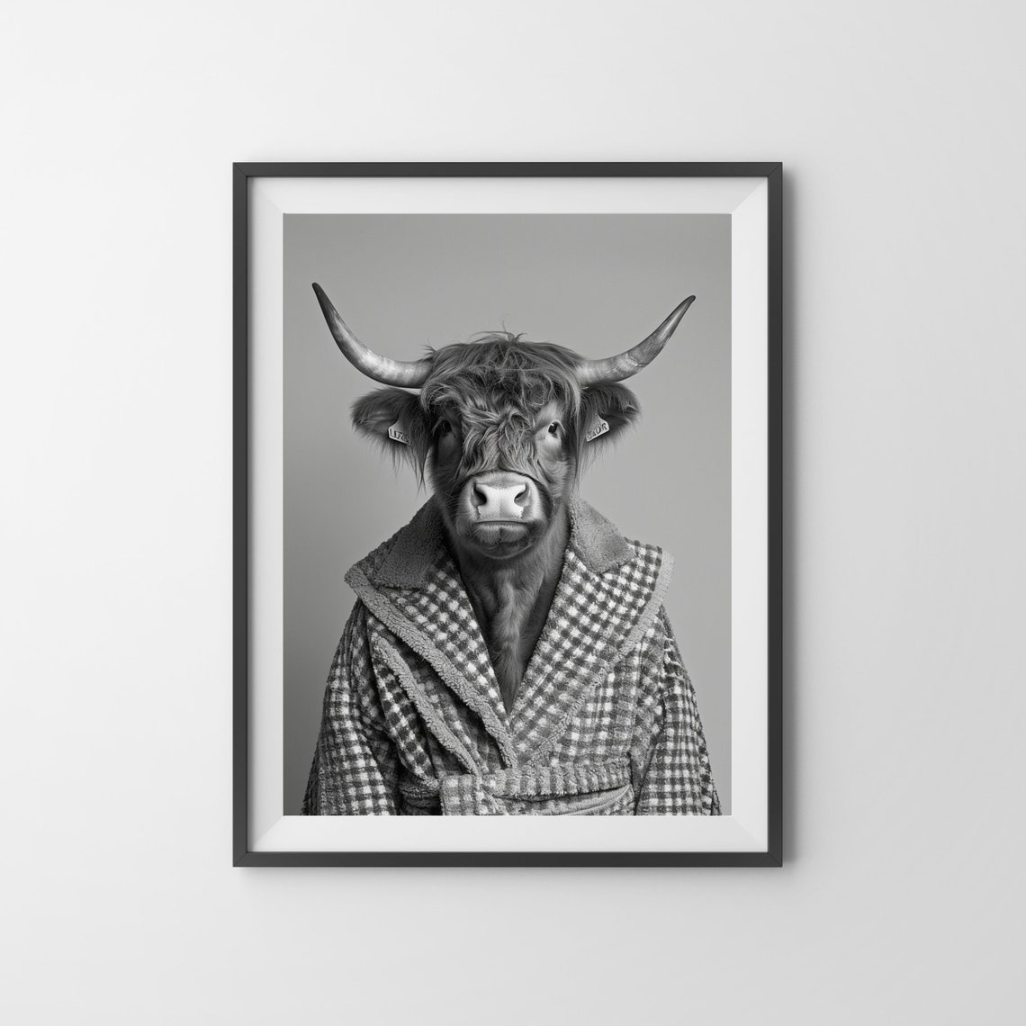 Highland Cow in Checkered Bathrobe Black and White Bathroom Poster - Image 3
