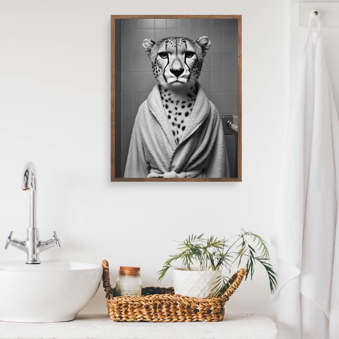 Cheetah In A Bathrobe Funny Black And White Bathroom Wall Poster - Image 2