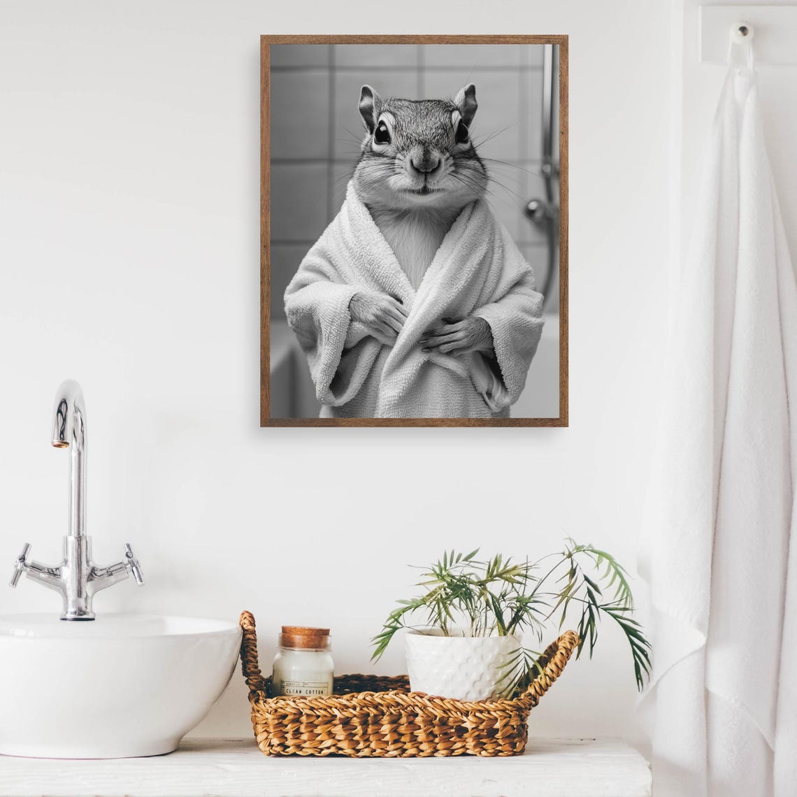 Chipmunk Wearing a Bathrobe in the Bathroom Black and White Poster - Image 2