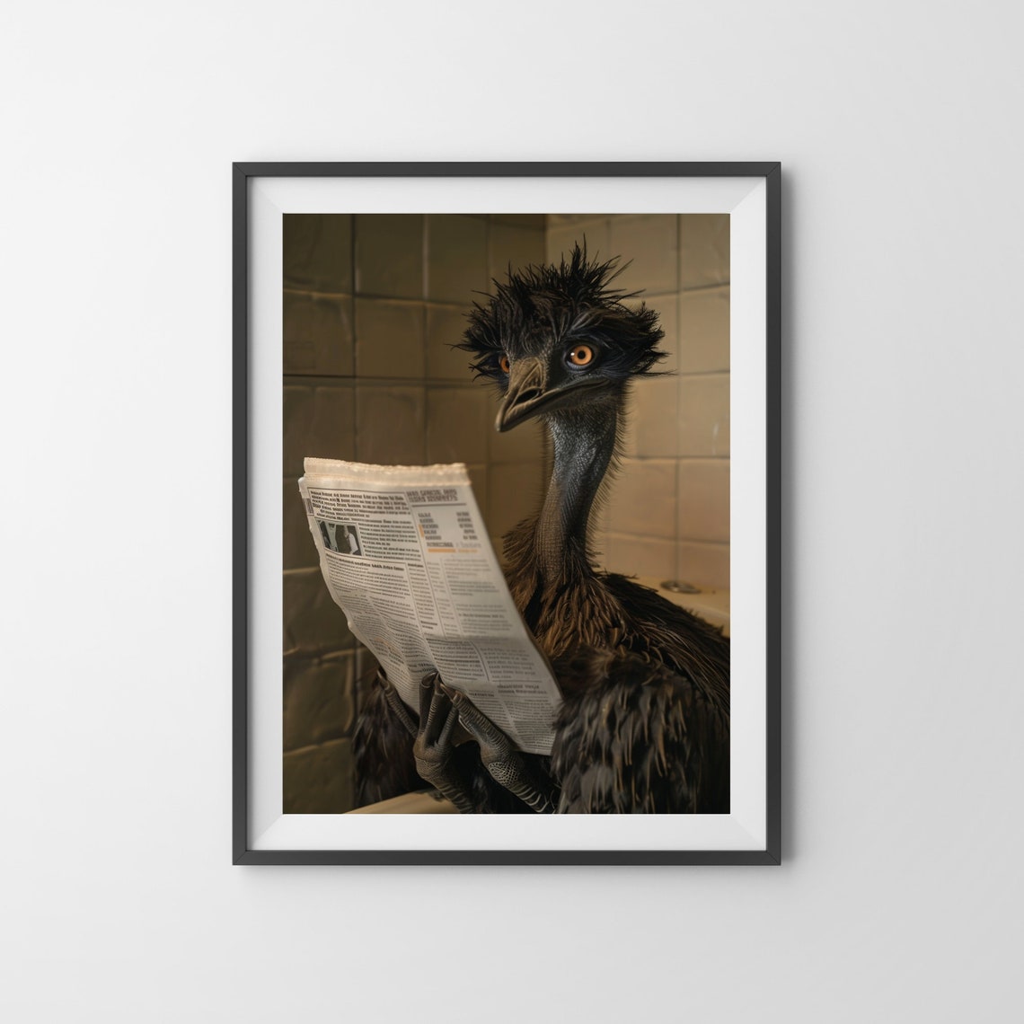 Emu on the Toilet Reading a Newspaper Quirky Funny Bathroom Poster - Image 3