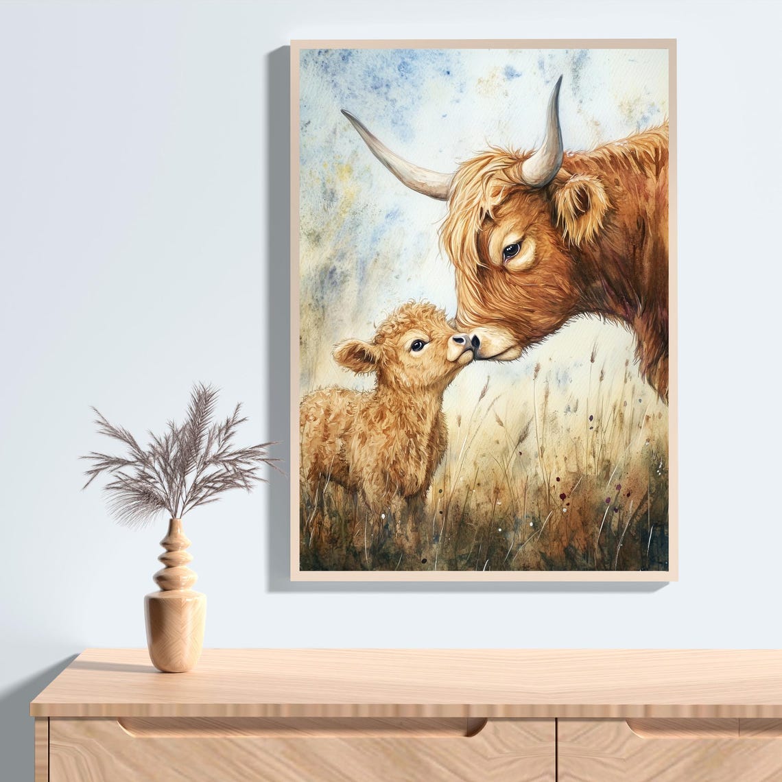 Cute Watercolor Nursery Room Art Mama And Little Highland Cow Print Kids Room Decor Mommy And Me Beautiful Nursery Illustration Ai Art - Image 2