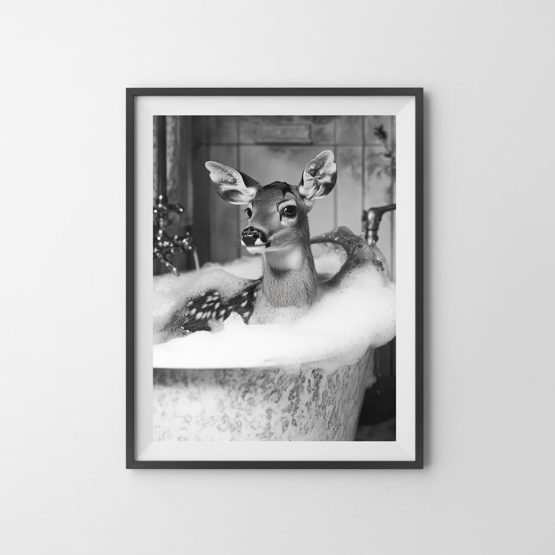 Baby Deer in Bubble Bath Black and White Cute Animal Bathroom Poster - Image 3
