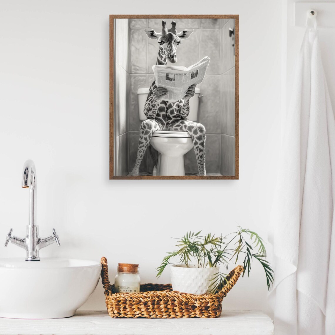Giraffe Reading a Newspaper on the Toilet Black and White Bathroom Poster - Image 2