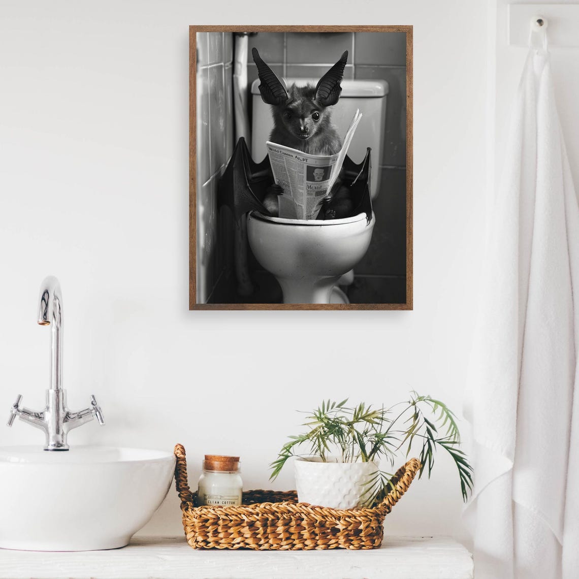 Funny Bat Sitting on Toilet Reading Newspaper Bathroom Poster - Image 2