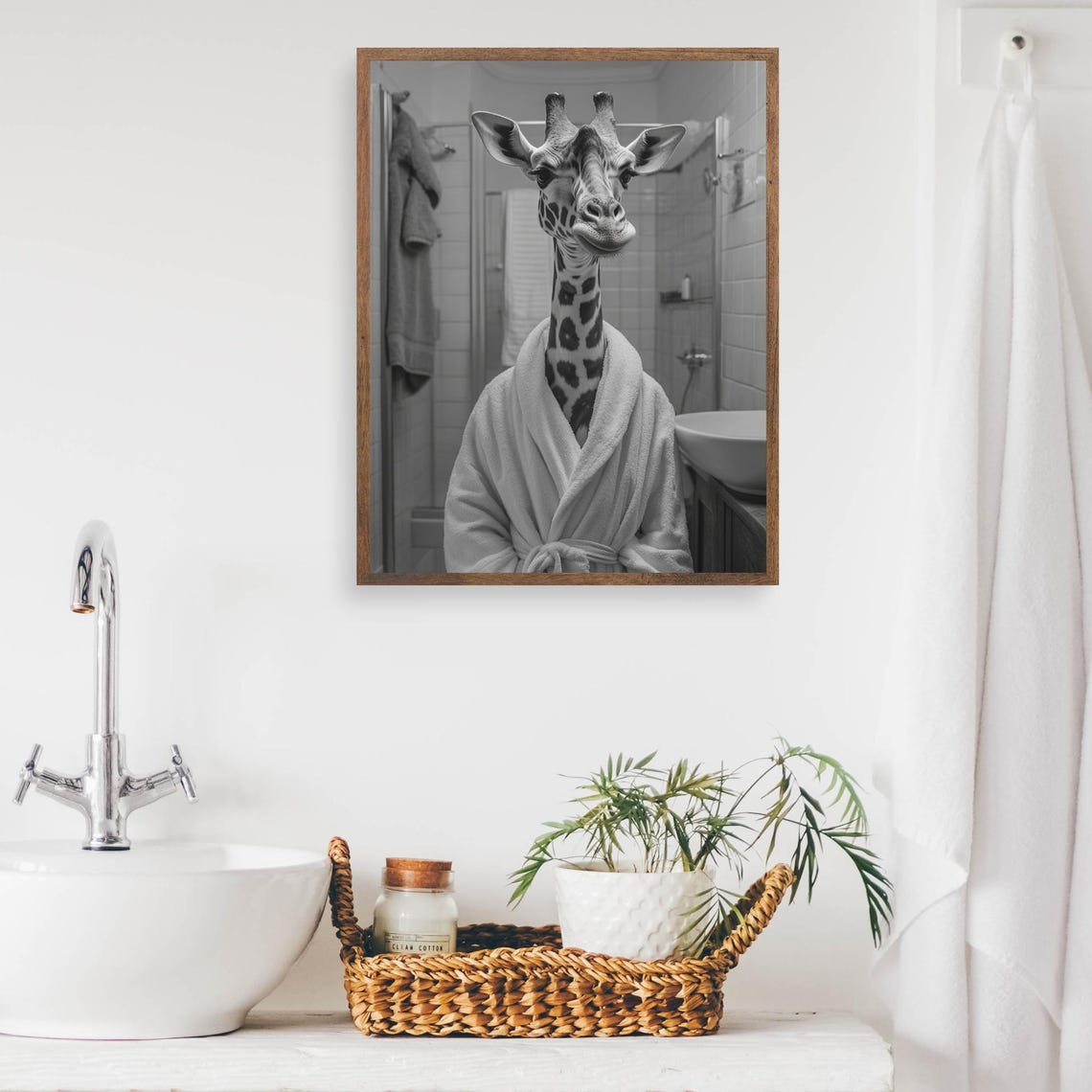 Giraffe in Bathrobe Black White Funny Bathroom Humor Art Poster - Image 2