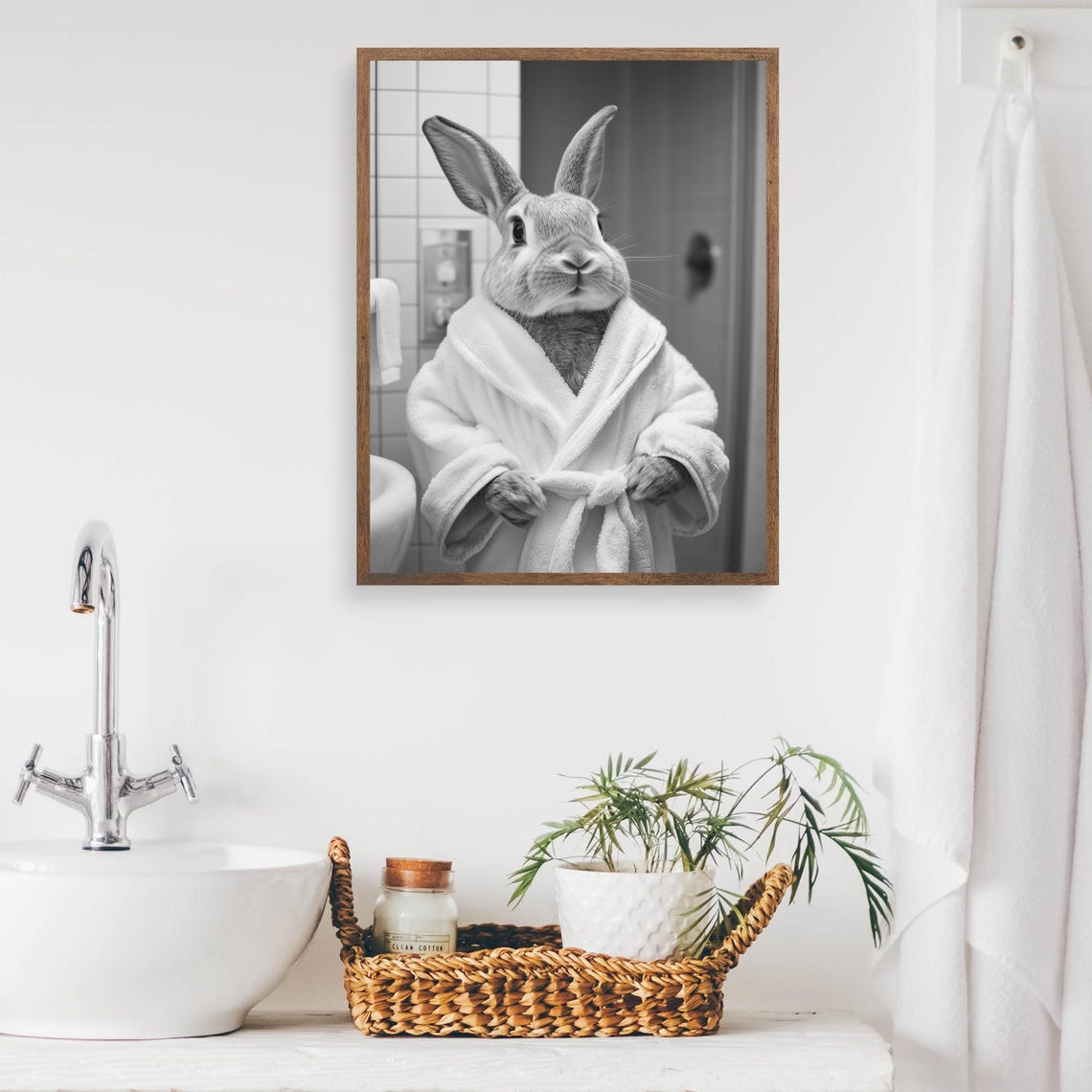 Bunny In A Bathrobe Funny Black And White Bathroom Wall Poster - Image 2