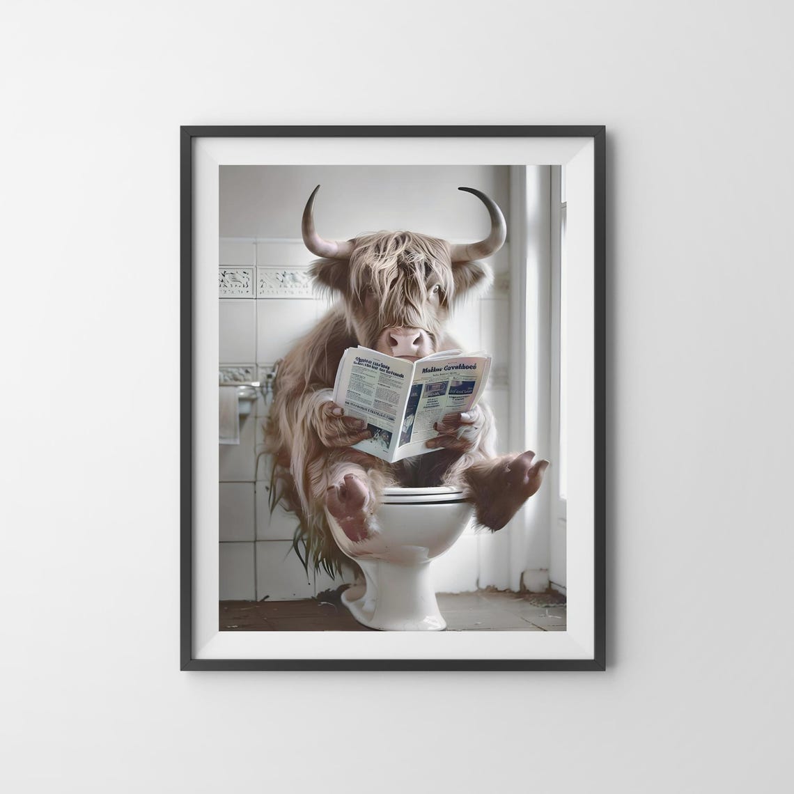 Highland Cow Reading a Newspaper While Sitting on the Toilet Poster - Image 3