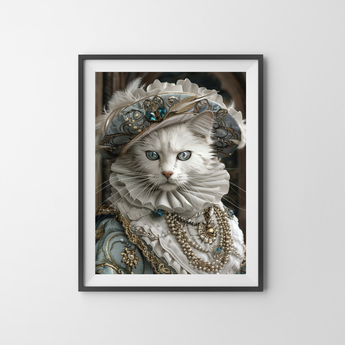 White Longhaired Cat Queen in Ruff Collar and Pearls Portrait Poster - Image 3