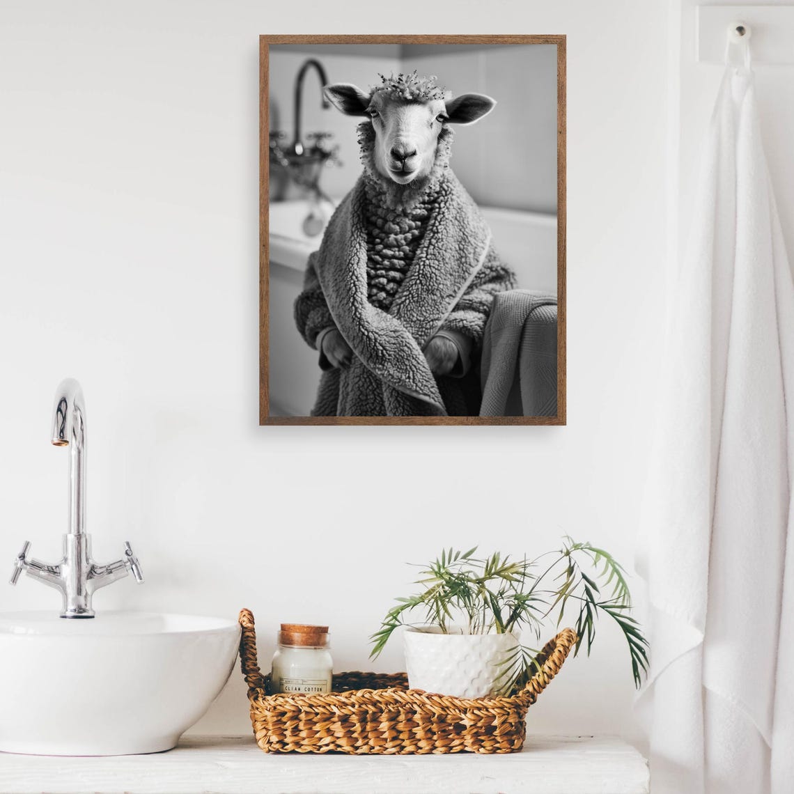 Sheep in a Cozy Fleece Robe in a Black and White Bathroom Poster - Image 2