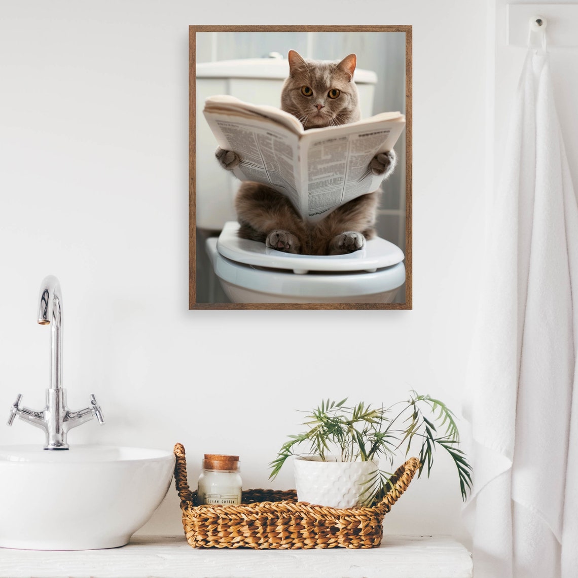 British Shorthair Cat Reading Newspaper on Toilet Funny Cat Poster - Image 2