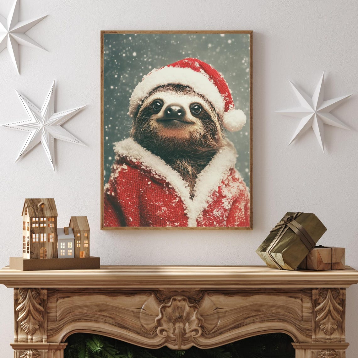 Sloth Wearing Santa Hat And Red Coat Festive Snowy Christmas Poster - Image 2