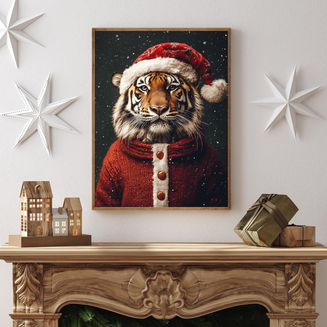 Tiger Wearing Santa Hat And Red Knit Sweater Christmas Poster - Image 2