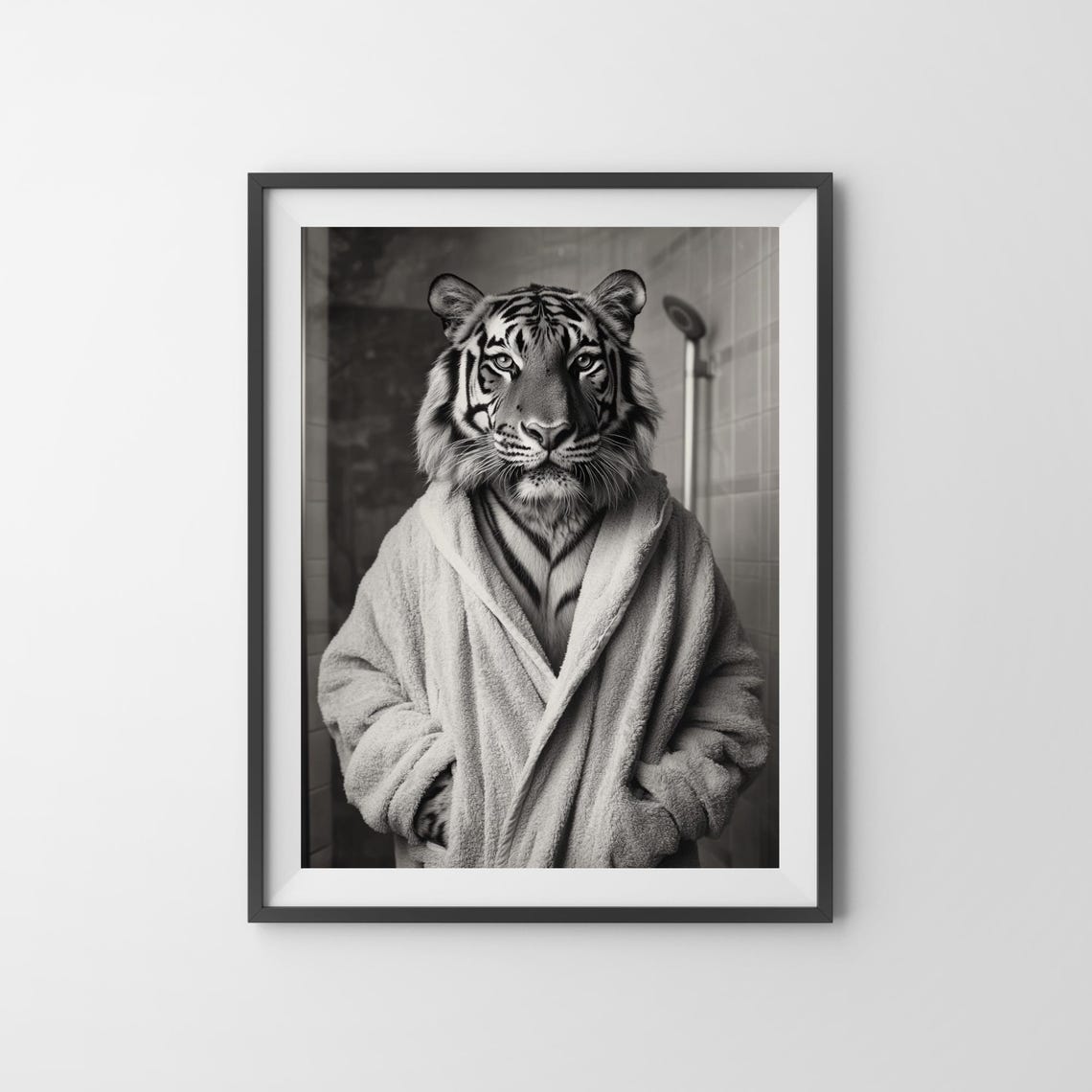 Tiger In A Bathrobe Funny Black And White Bathroom Poster Art - Image 3