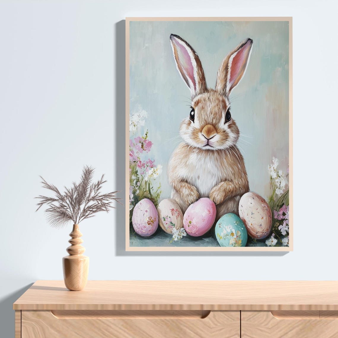 Pastel Easter Bunny With Painted Eggs Spring Nursery Wall Art - Image 2