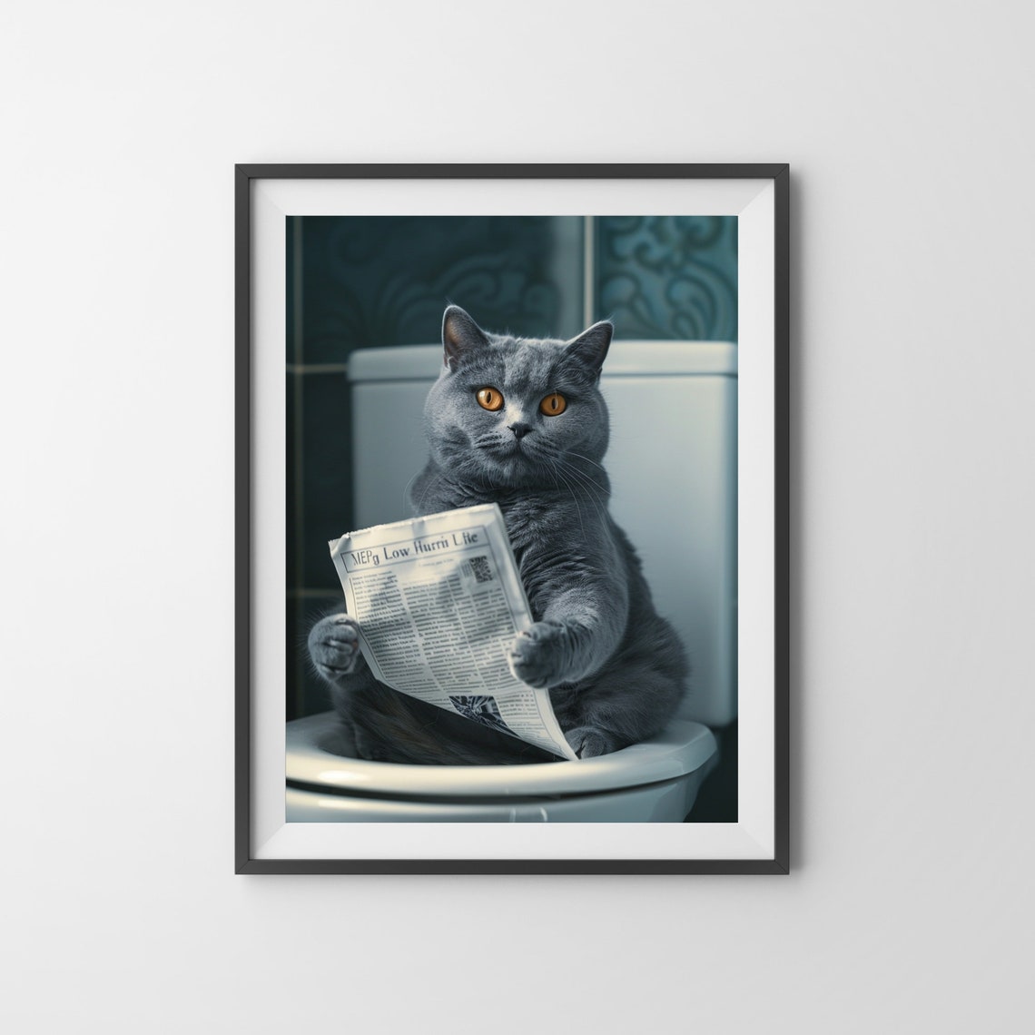 British Shorthair Cat Reading a Newspaper on the Toilet Color Poster - Image 3