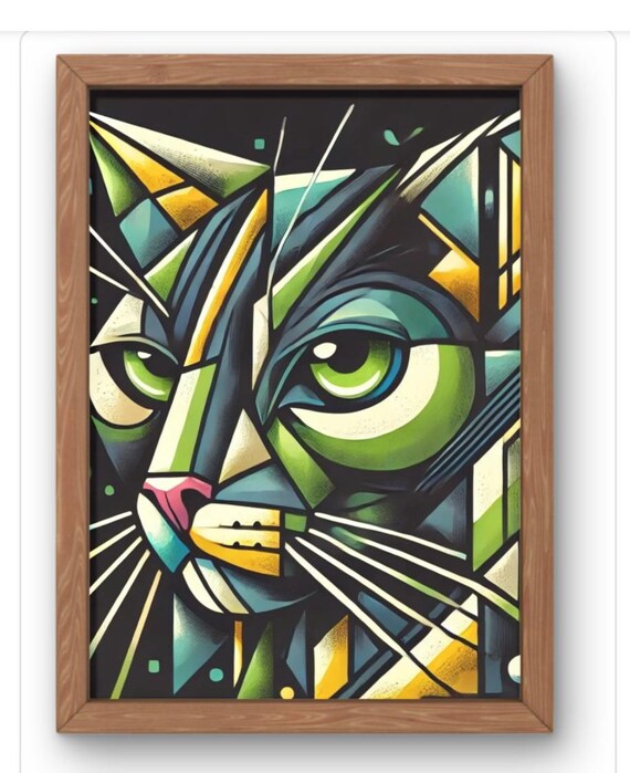 Emerald Green Geometric Cat Face Stained Glass Style Bold Poster