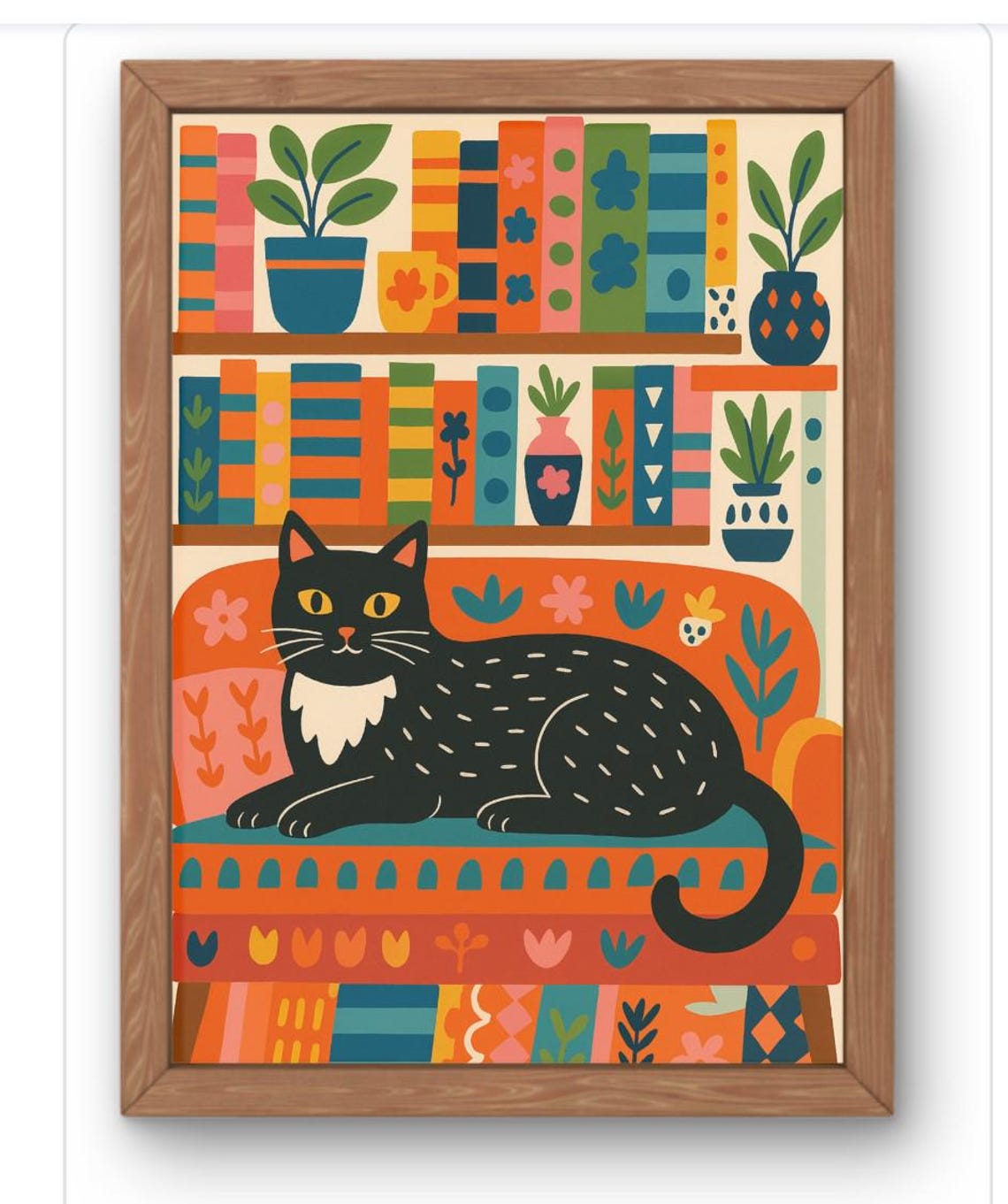Mid Century Modern Black Cat Bookshelf Illustration Art Print