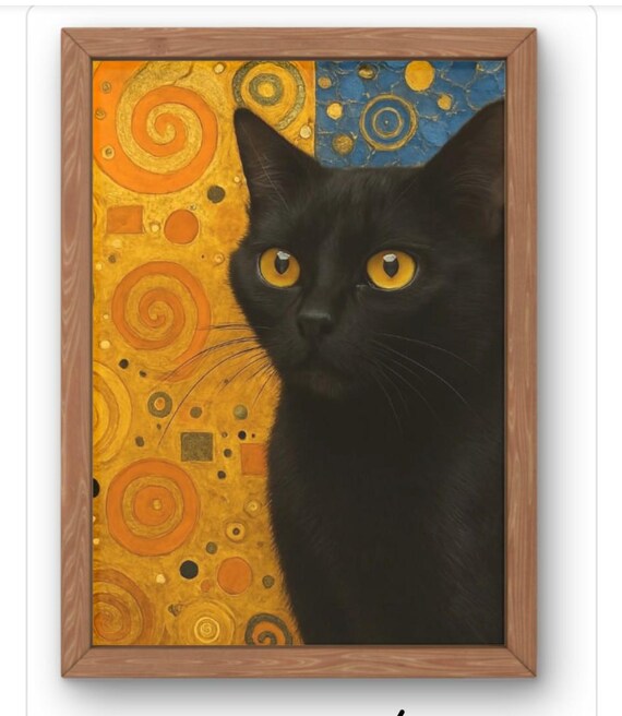 Black Cat Close-Up Klimt Gold Spiral Pattern Feline Art Poster