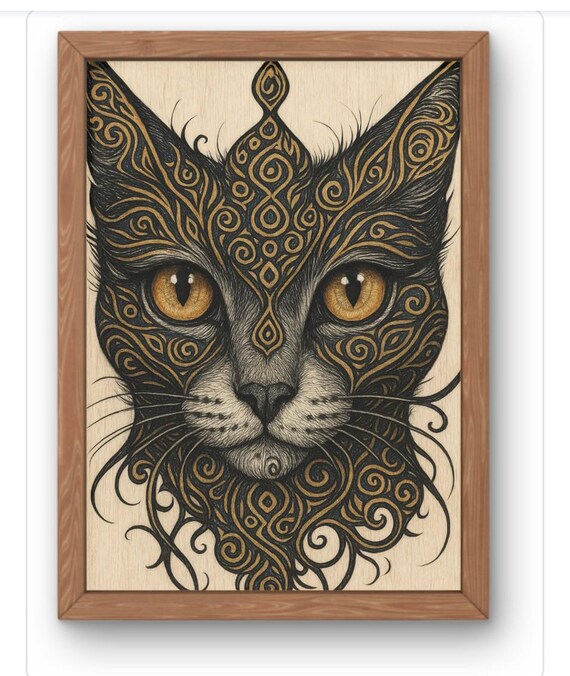 Mystical Cat Wall Art Ornate Gold Portrait Print Spiritual Feline Illustration Fantasy Boho Decor For Witchy And Artistic Spaces