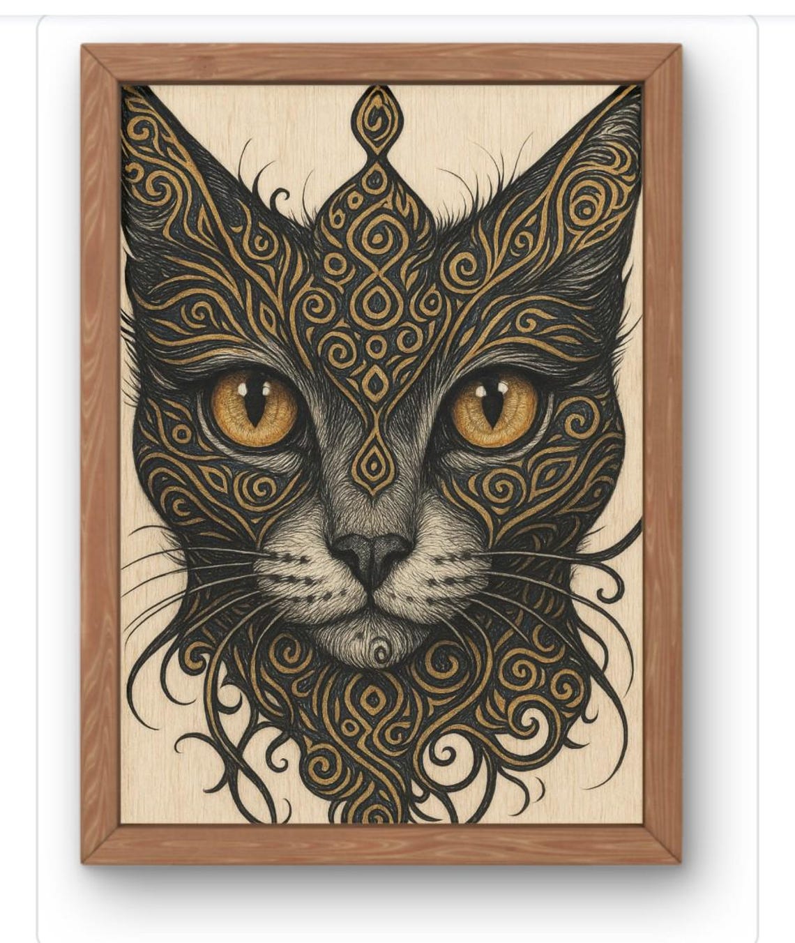 Mystical Black Cat Gold Tribal Swirl Ornate Portrait Art Poster