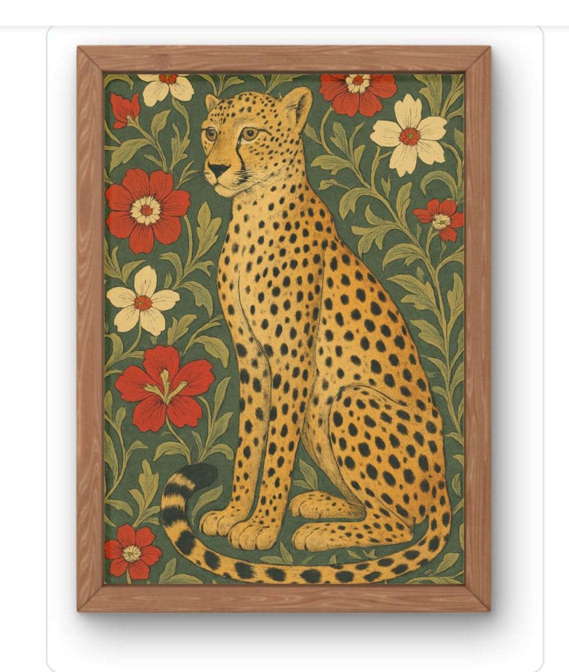 Elegant Cheetah Among Red Flowers Vintage Botanical Art Poster