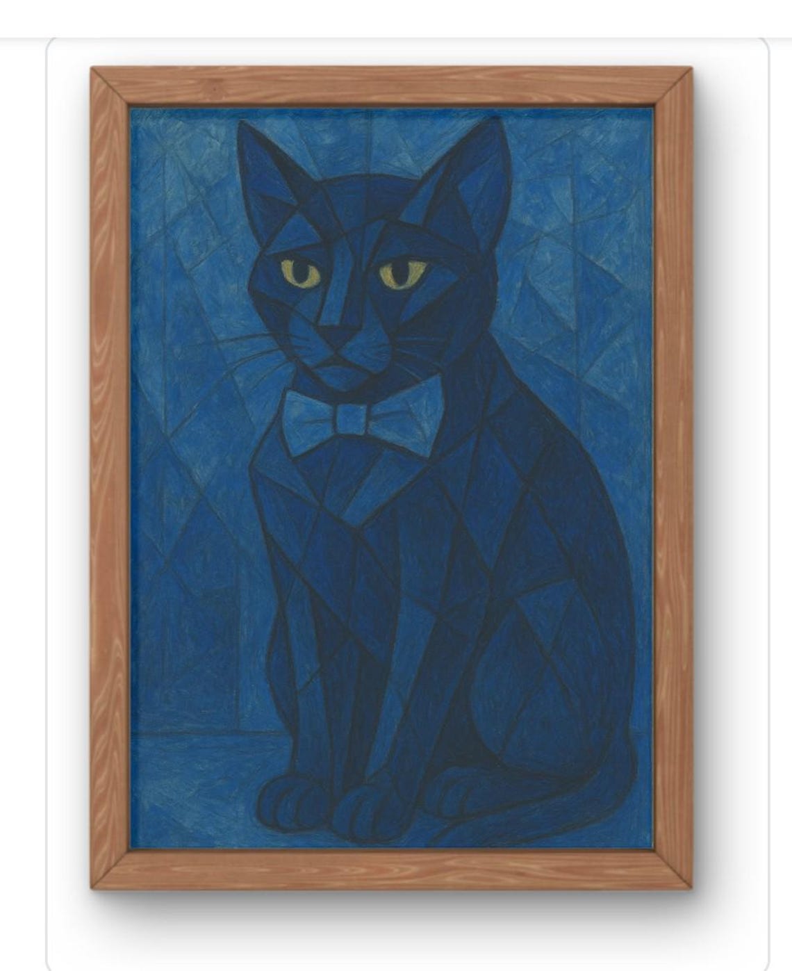Blue Cubist Cat With Bow Tie Geometric Modern Feline Art Poster
