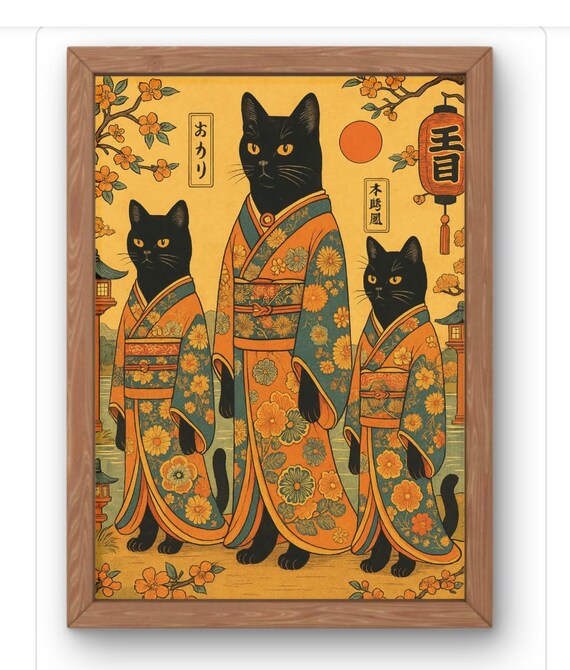 Kimono Cats Japanese Ukiyoe Elegant Black Cat Family Art Poster
