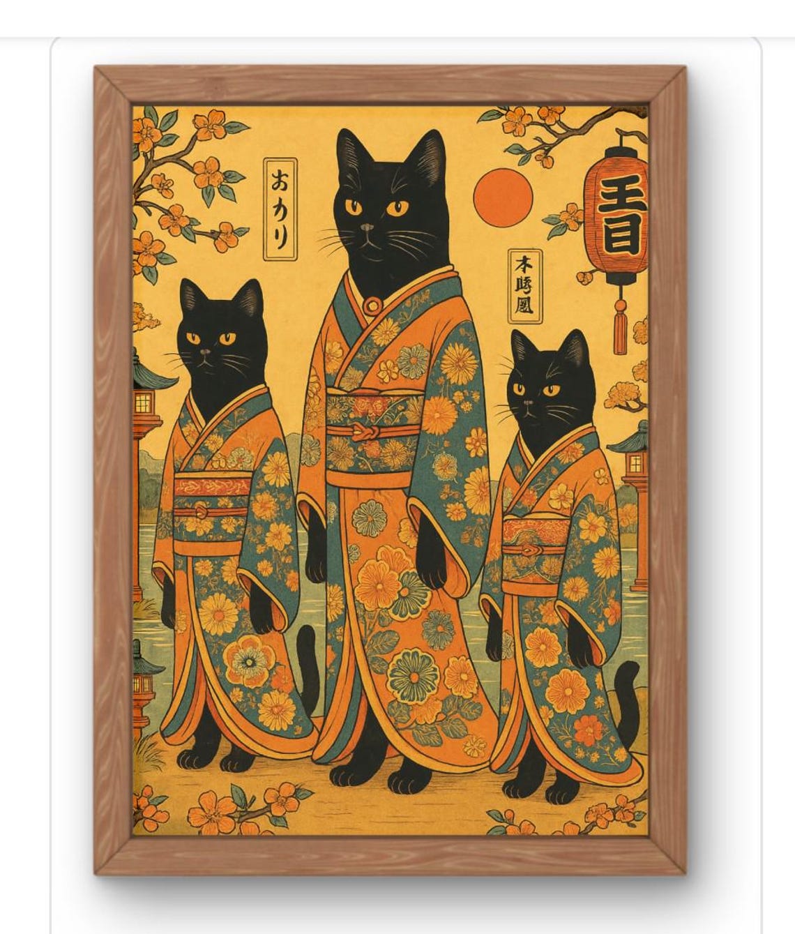 Kimono Cats Japanese Ukiyoe Elegant Black Cat Family Art Poster