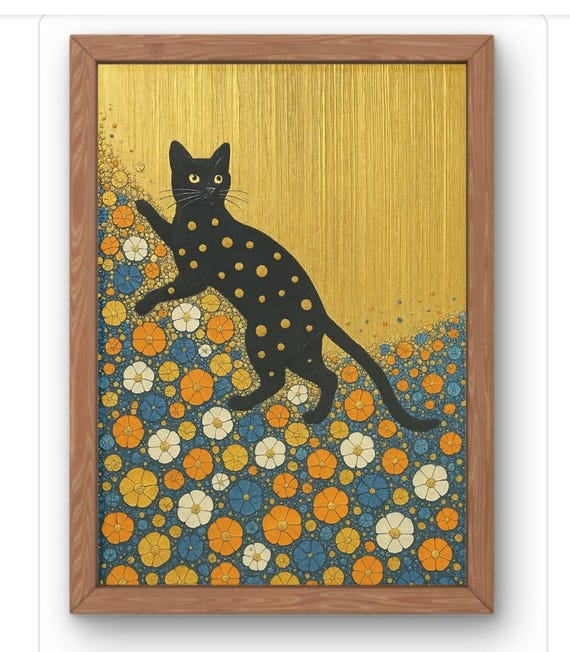 Gold Floral Cat Art Print Klimt Inspired Black Wall Whimsical Feline With Flowersa5 A1 Physical