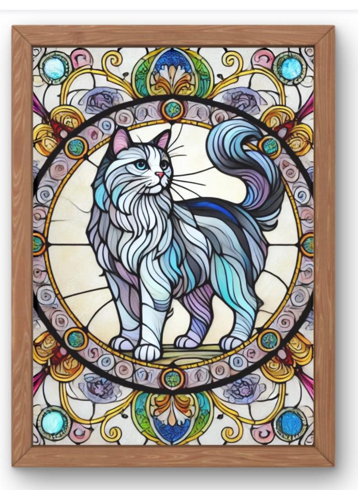 Stained Glass Longhair Cat Ornate Floral Border Whimsical Poster
