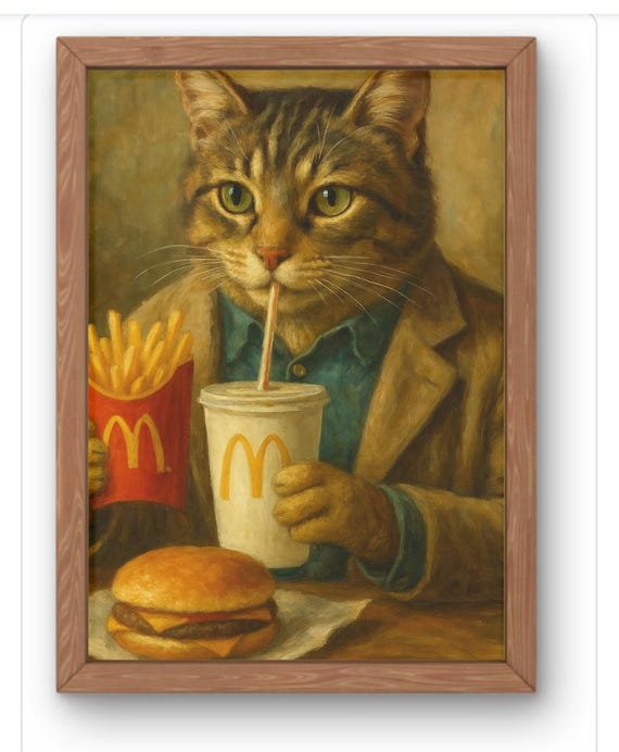 Funny Cat Eating Fast Food Art Print Whimsical In Suit Drinking Soda Vintage Style Meme Wall Burger Fries Posteravailable A5a1